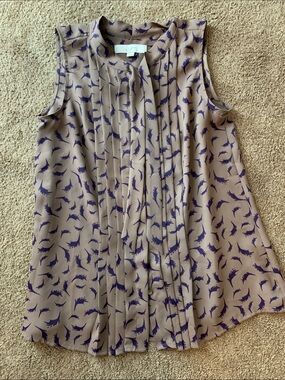 LOFT Brown Sleeveless Pleated Blouse with Purple Feather Print